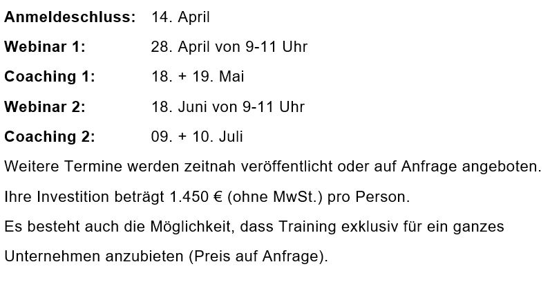 Termine und Preise für die Trainings